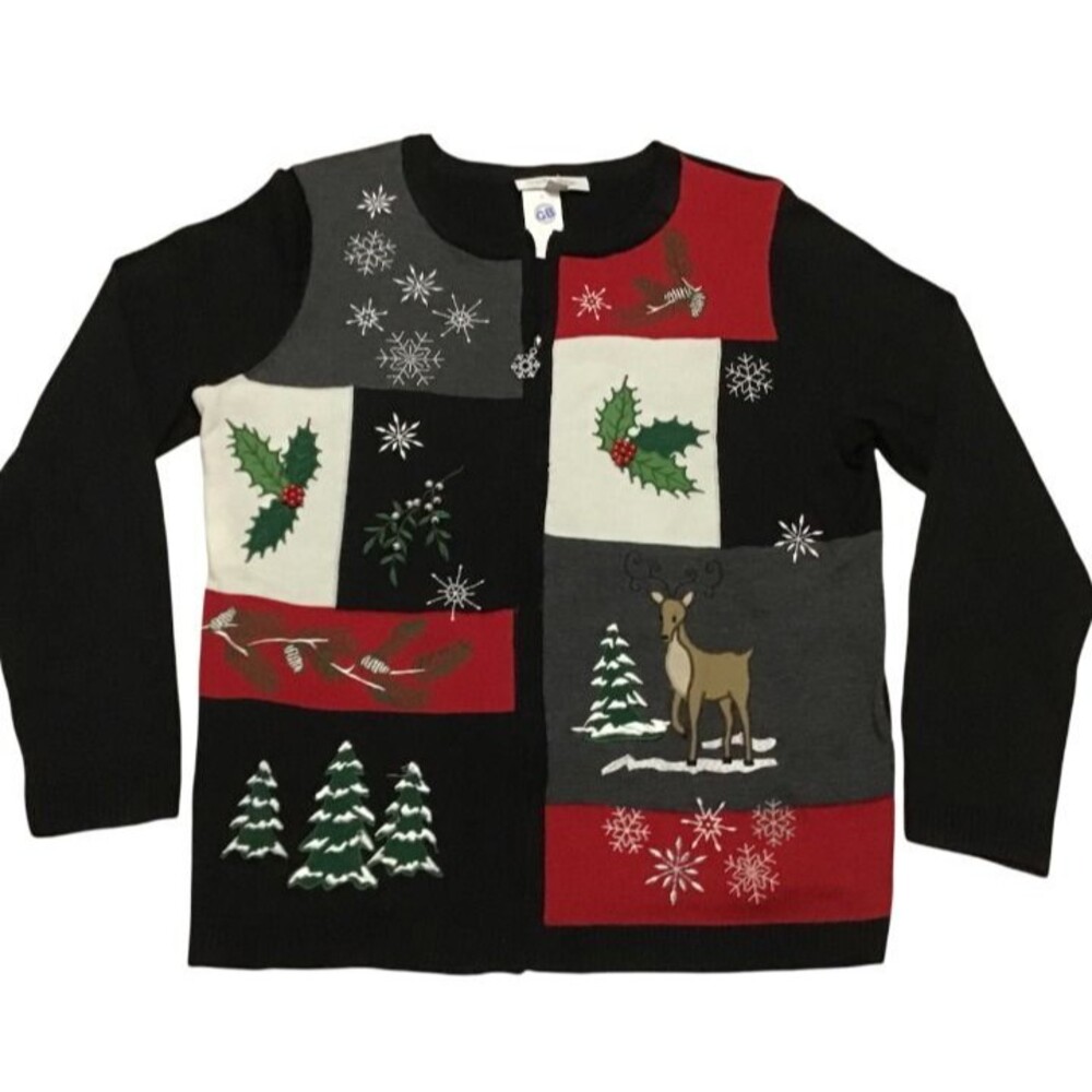 New Christmas Zip Cardigan Sweater Womens L Breckenridge Deer Trees Snowflakes
